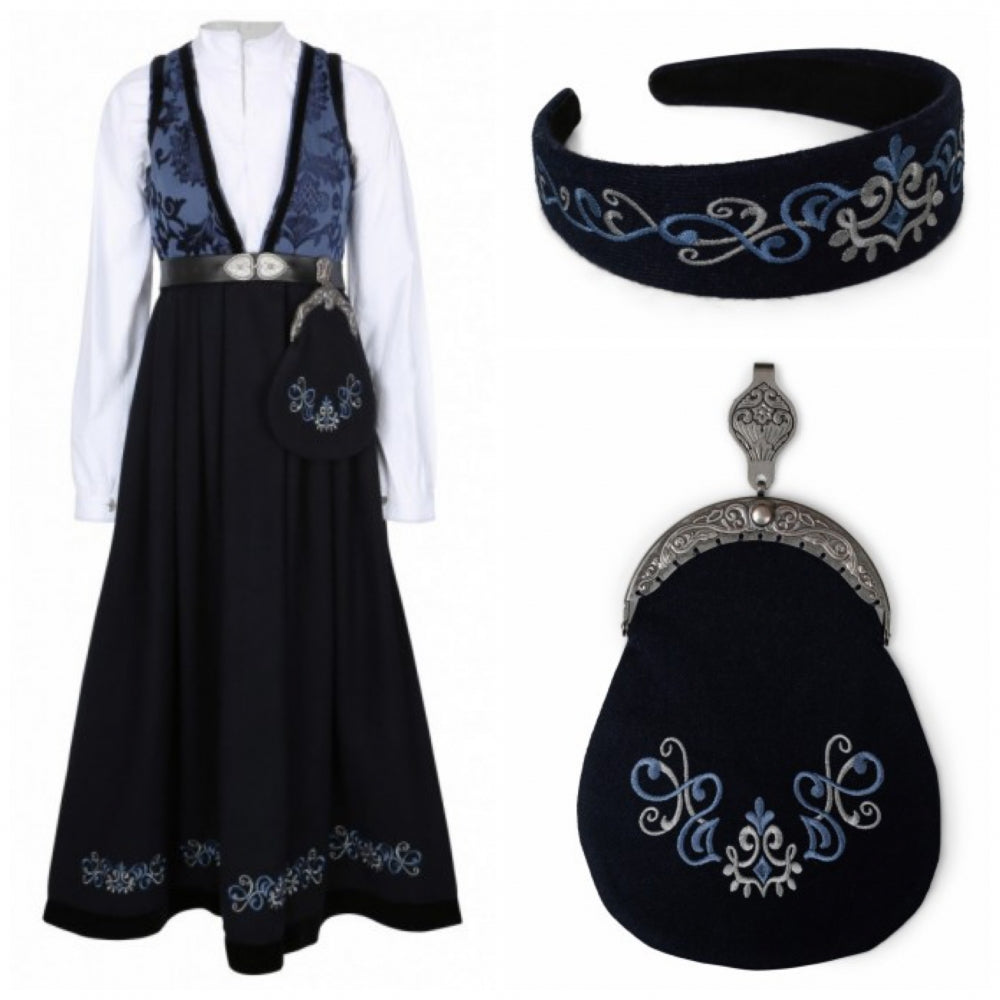 Blå Pascal festdrakt med bunadsveske og hårbøyle